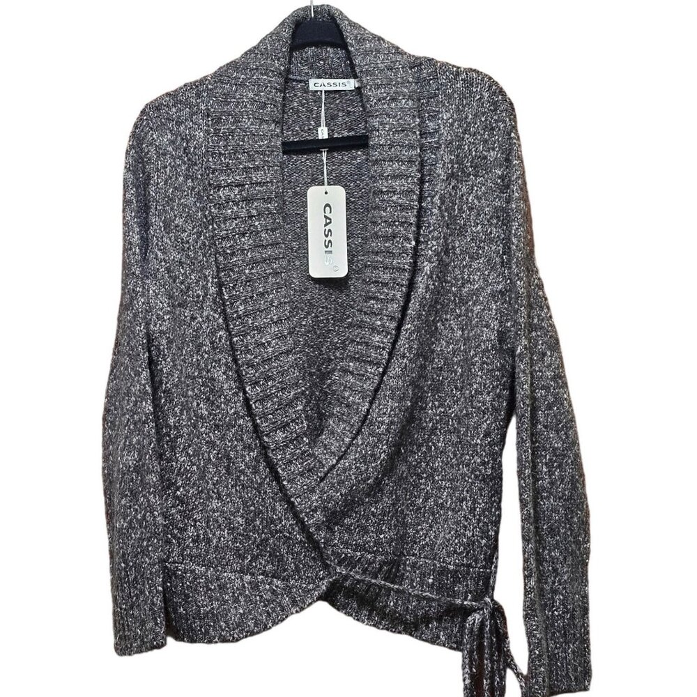 Cassis Womens Knit Wrap Cardigan Sweater Shawl‎ Collar Long Sleeve Gray - Picture 3 of 11